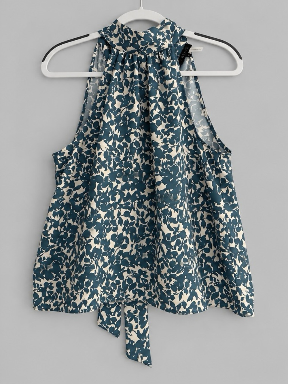 1. State Floral Tie-Neck Halter Top - Cream & Gray-Blue